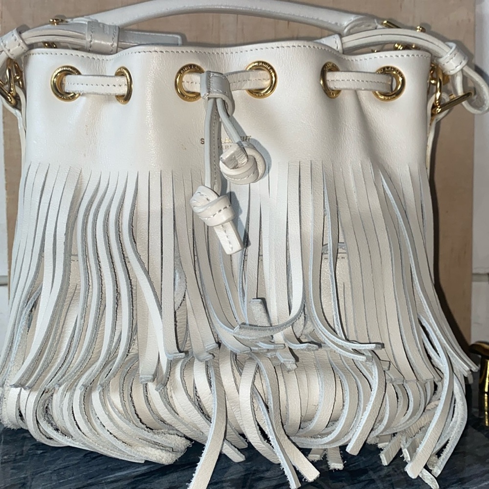 SAINT LAURENT SMALL EMMANUELLE LAMBSKIN
LEATHER FRINGE BUCKET BAG CROSSBODY BAG